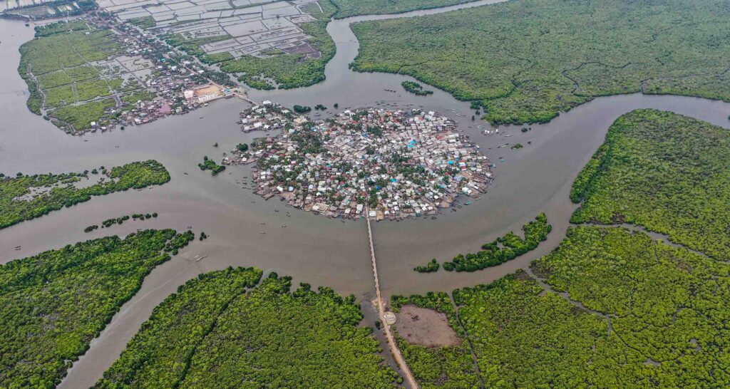 A fishing village surrounded by mangrove forest in the East Godavari district of Andhra Pradesh, India.