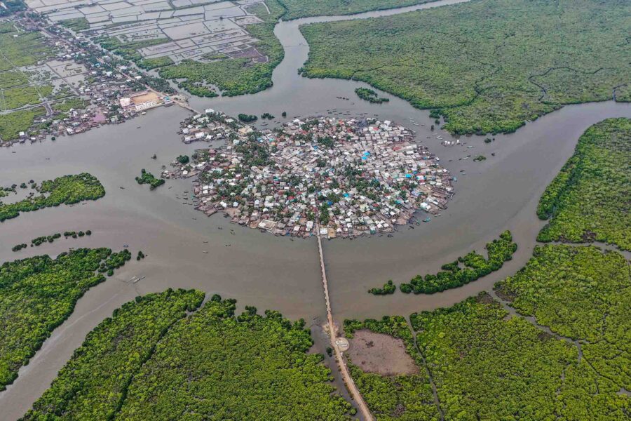 A fishing village surrounded by mangrove forest in the East Godavari district of Andhra Pradesh, India.