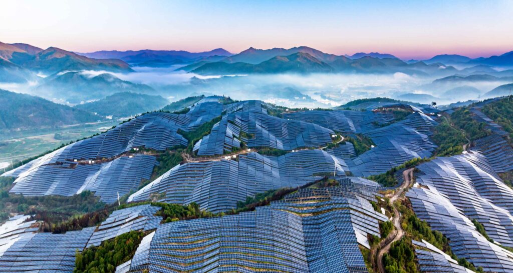 A photovoltaic power stations cover a mountainside in China