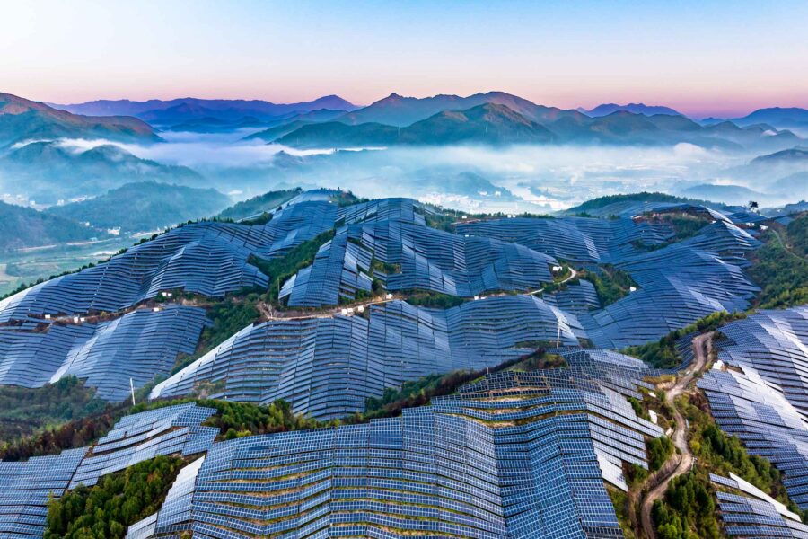 A photovoltaic power stations cover a mountainside in China